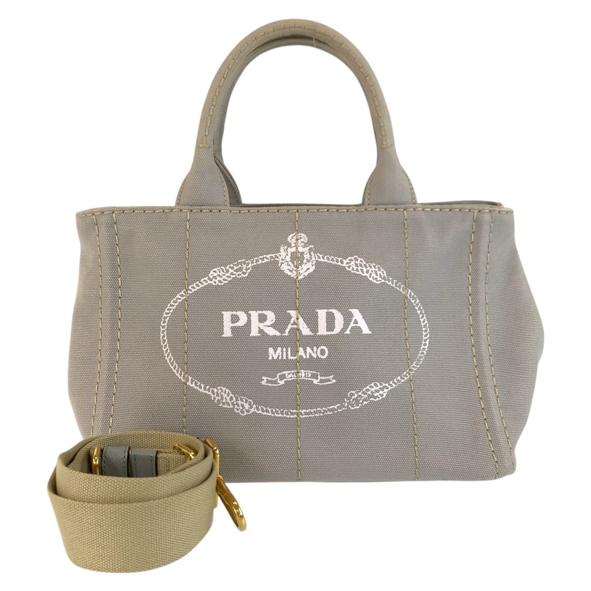 Prada Canapa Gray Gold Canvas Tote Shoulder Bag 2-Way