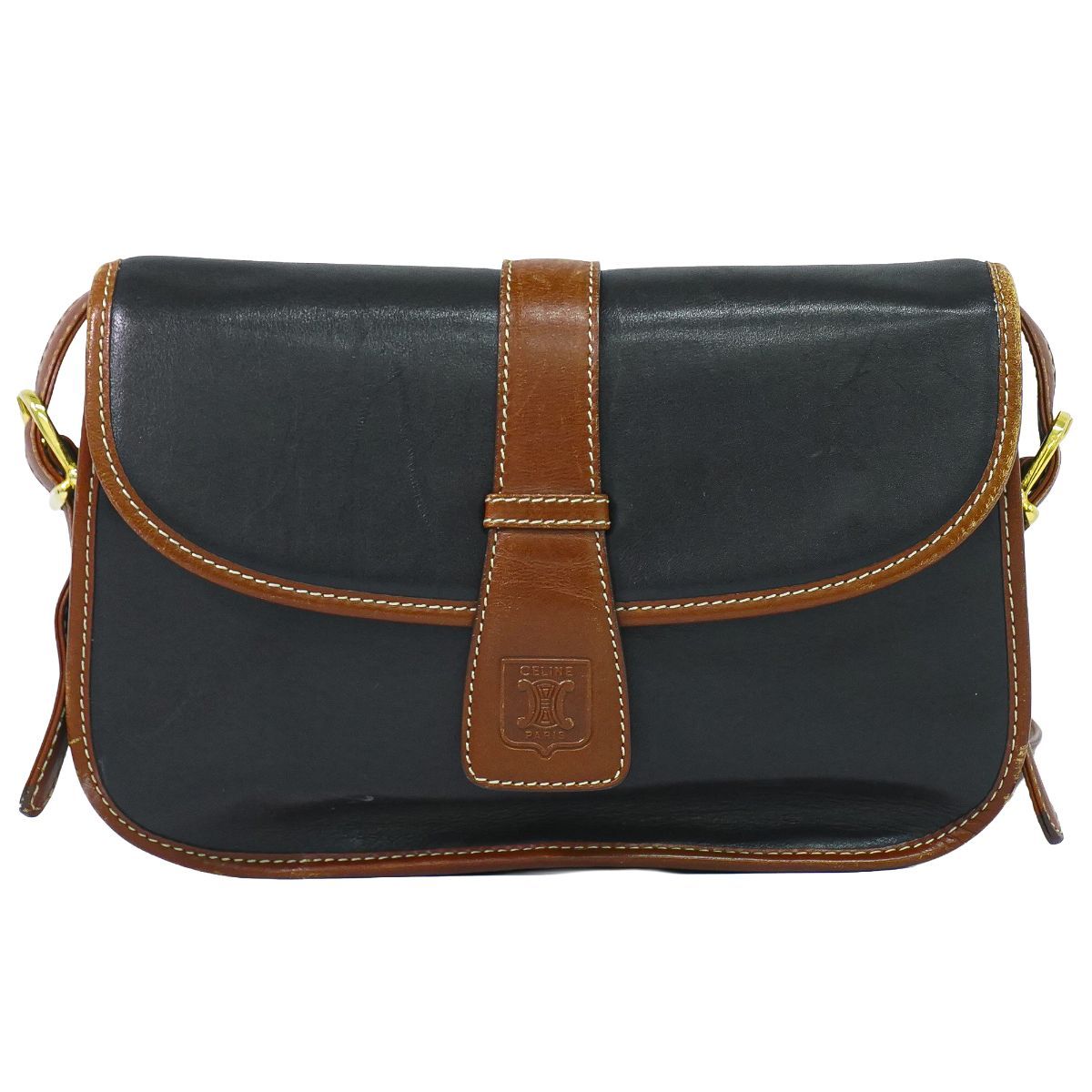 Celine Leather Shoulder Bag Pochette Black Brown Second