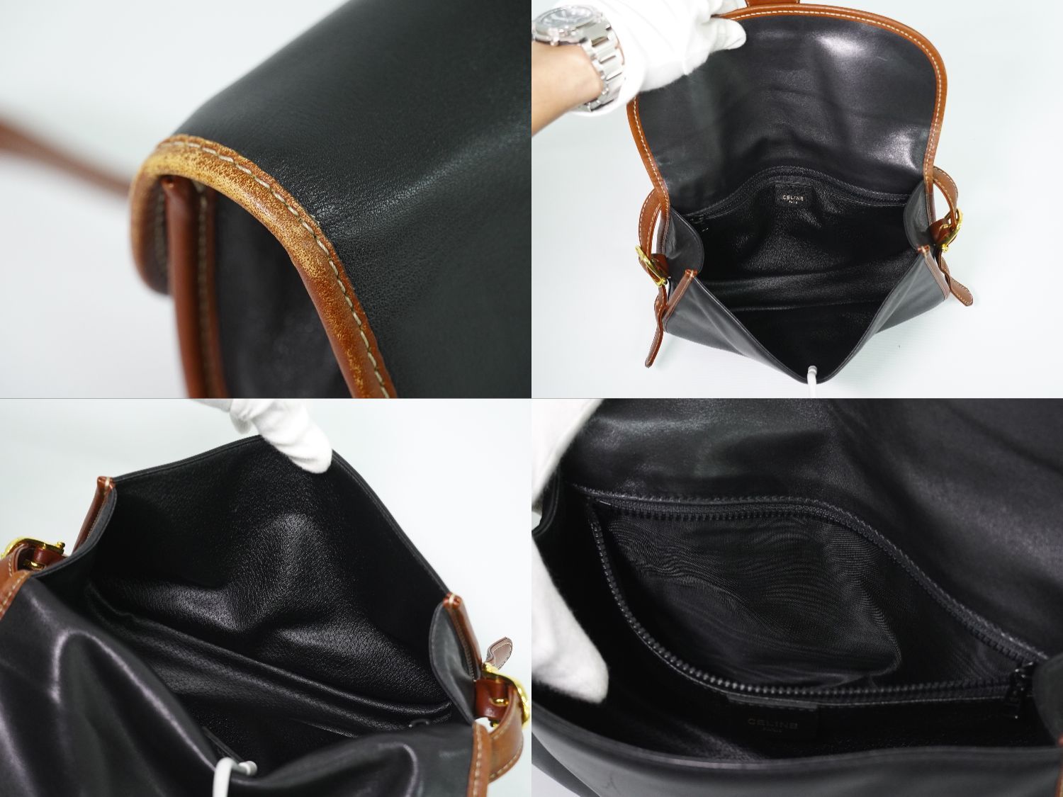 Celine Leather Shoulder Bag Pochette Black Brown Second — view 8