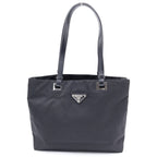 Prada Triangle Logo Nylon Leather Silver Tote Black