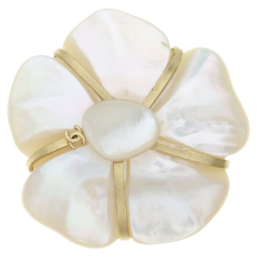Chanel Camellia Shell Bro Pin White Gold Brooch