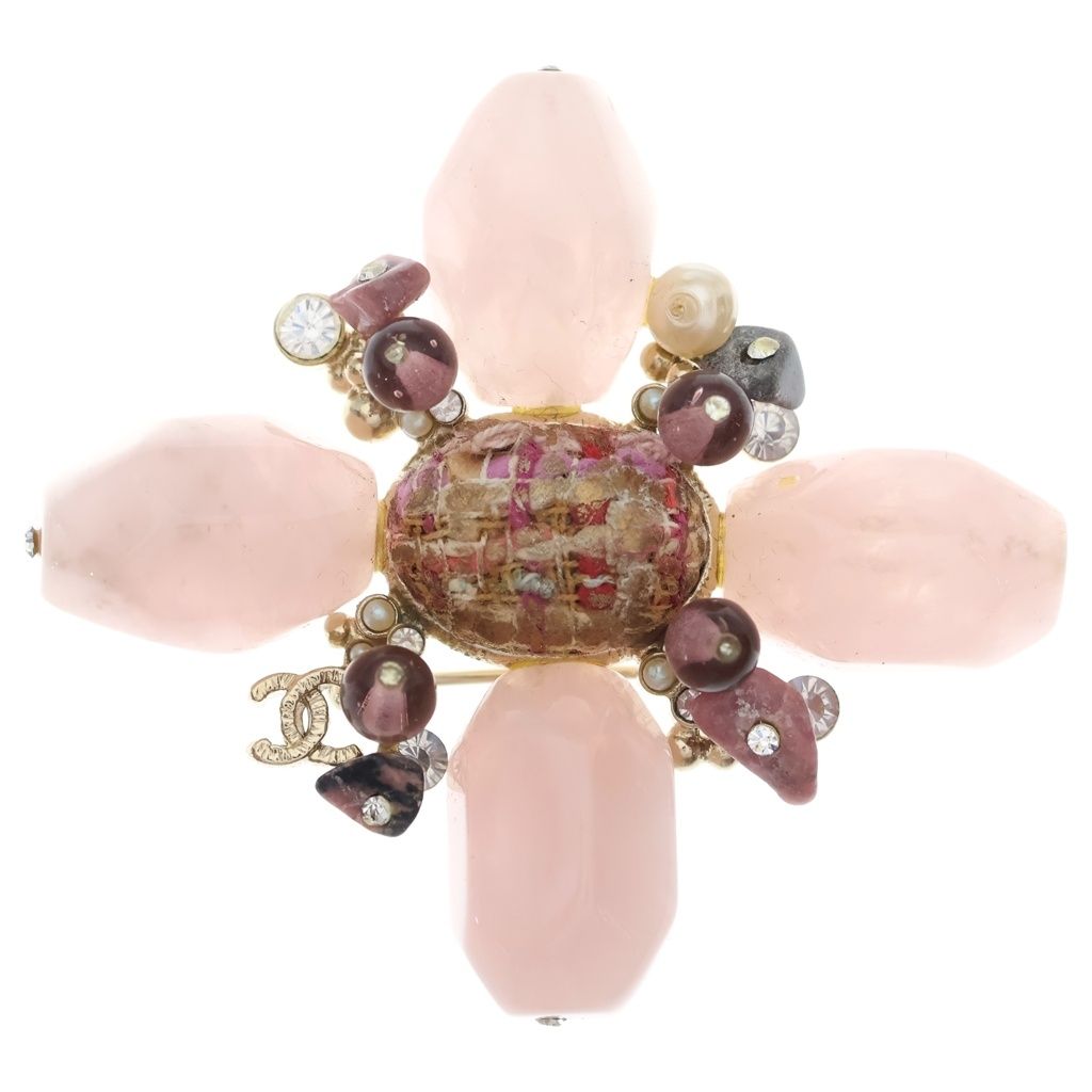 Chanel Color Strike Fakepearl Bro Pin Gold Pink Brooch