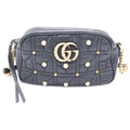 Gucci GG Marmont Pearl Motif Shoulder Bag Black Leather Gold