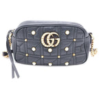 Gucci GG Marmont Pearl Motif Shoulder Bag Black Leather Gold