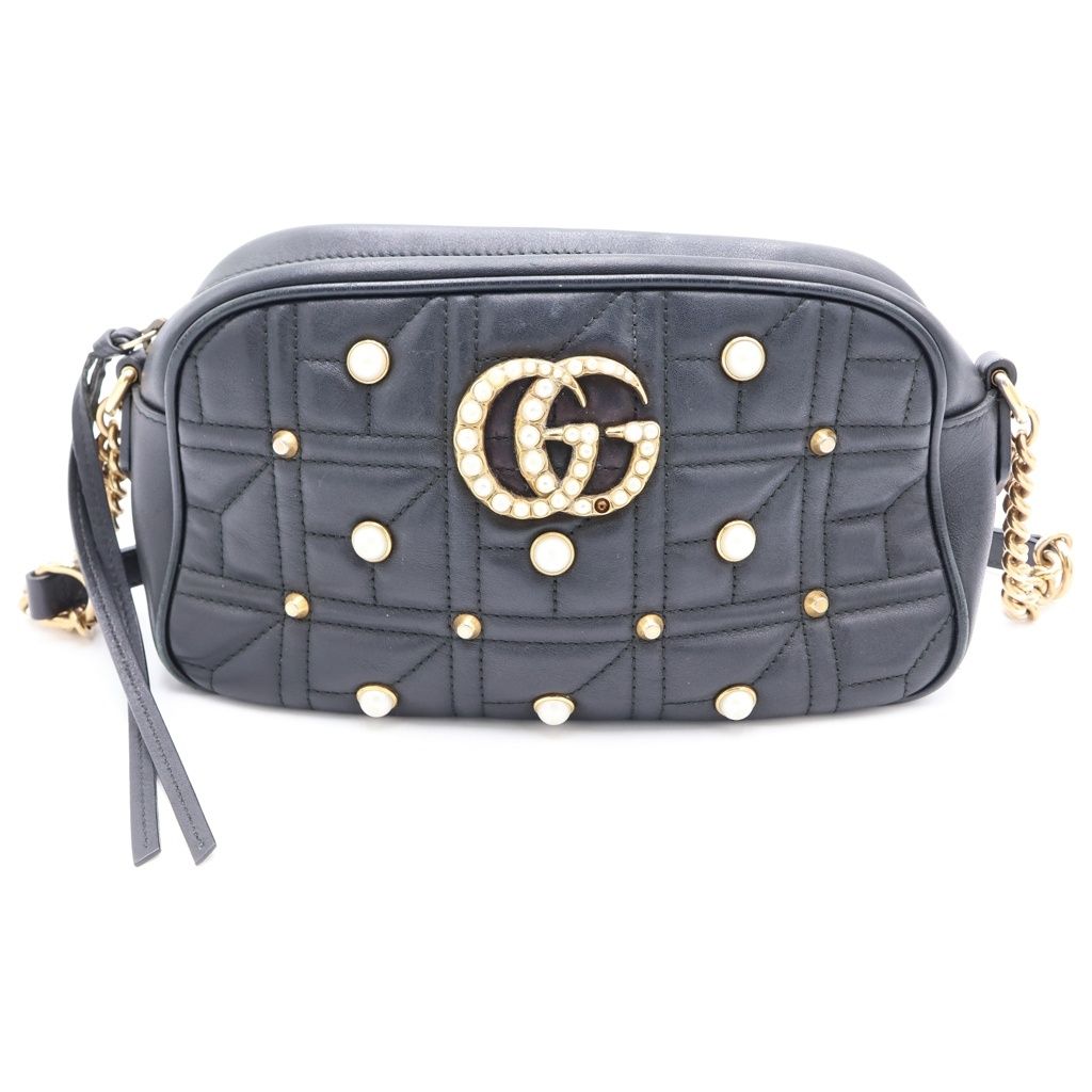 Gucci GG Marmont Pearl Motif Shoulder Bag Black Leather Gold