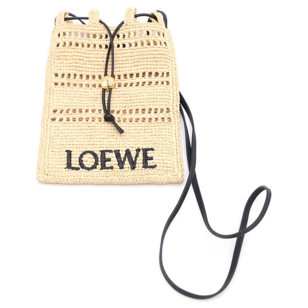 Loewe Raffia Drawstring Pocket Anagram Mini Shoulder Bag Beige Raffia