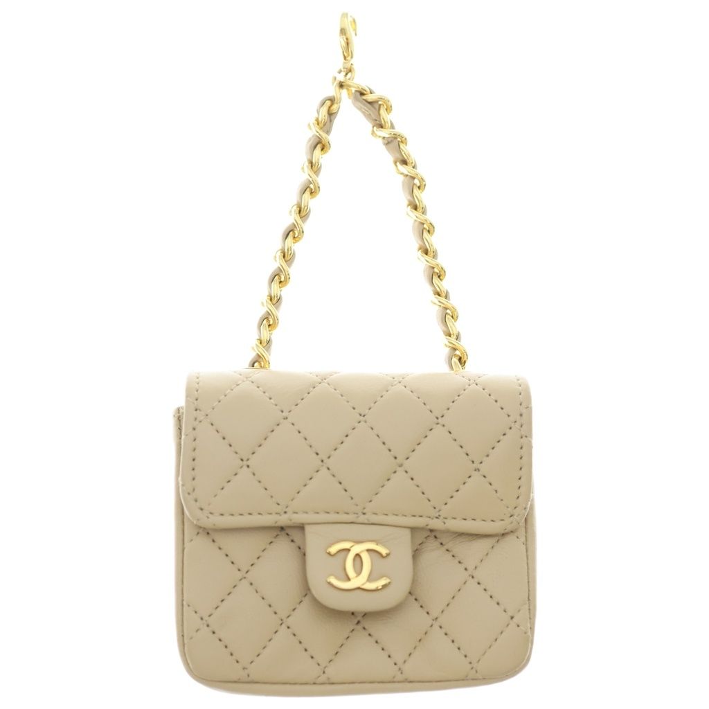 Chanel Micro Minimini Quilted Lambskin Chain Pouch Charm Gold Beige