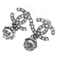 Chanel CC Logo Rhinestone Drop Earrings Silver