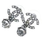Chanel CC Logo Rhinestone Drop Earrings Silver