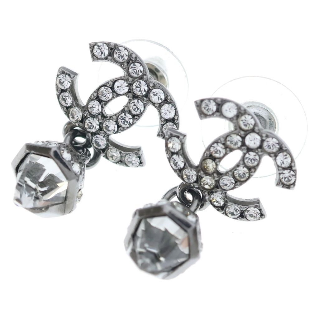 Chanel CC Logo Rhinestone Drop Earrings Silver