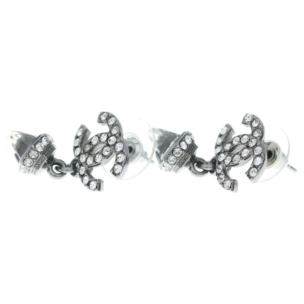 Chanel CC Logo Rhinestone Drop Earrings Silver — view 3