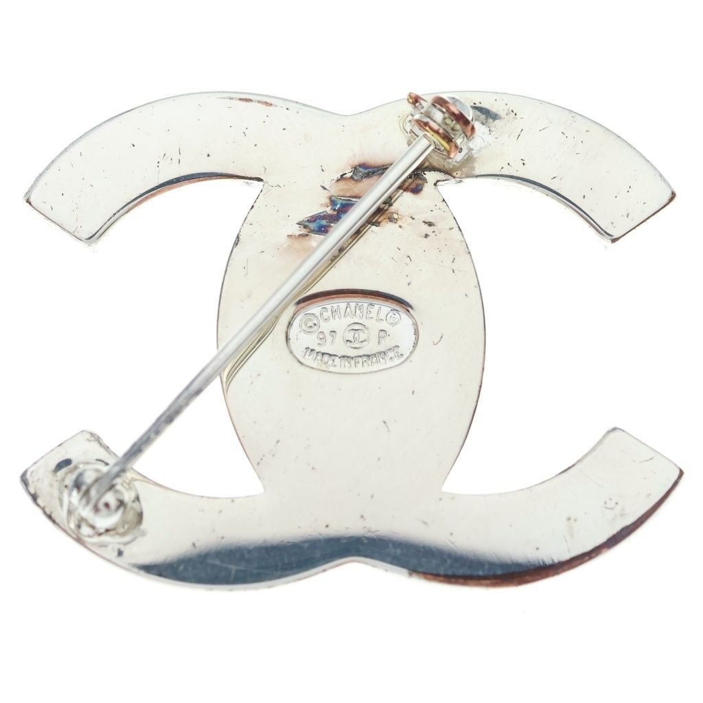 Chanel CC Logo Lock Rhinestone Bro Pin Silver Brooch — view 2