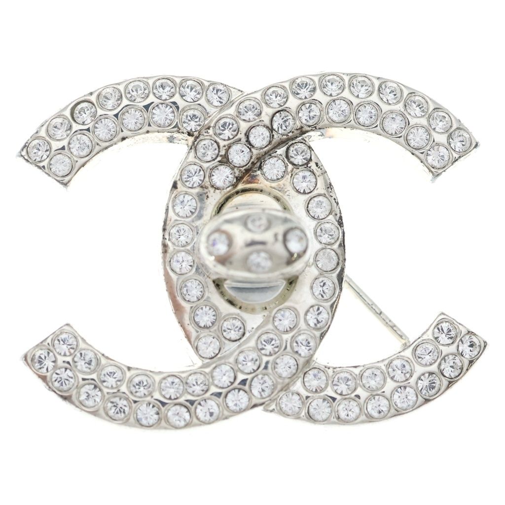 Chanel CC Logo Lock Rhinestone Bro Pin Silver Brooch