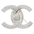 Chanel CC Logo Lock Rhinestone Bro Pin Silver Brooch