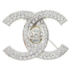 Chanel CC Logo Lock Rhinestone Bro Pin Silver Brooch