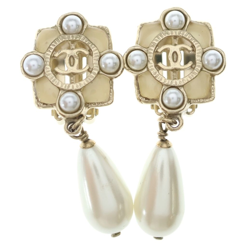 Chanel CC Logo Fakepearl Drop Earrings Gold