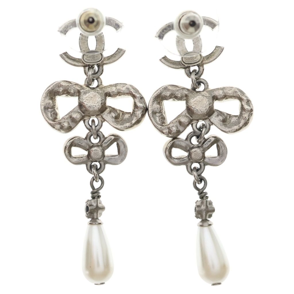 Chanel CC Logo Earrings Ribbon Droppearl Rhinestone Silver — view 2