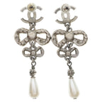 Chanel CC Logo Earrings Ribbon Droppearl Rhinestone Silver — view 2