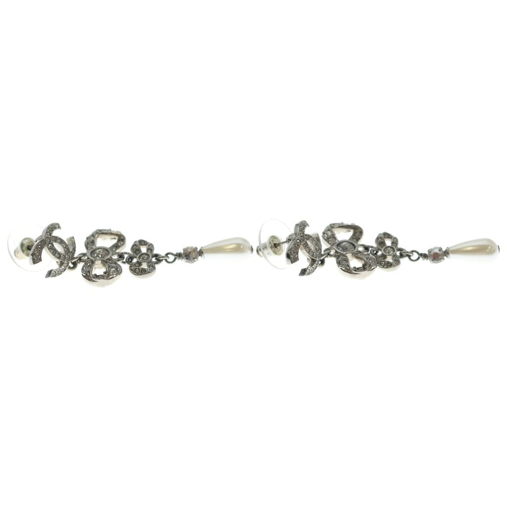 Chanel CC Logo Earrings Ribbon Droppearl Rhinestone Silver — view 4