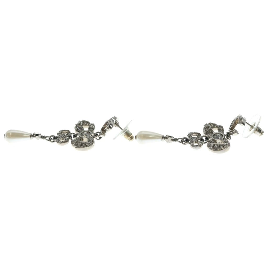Chanel CC Logo Earrings Ribbon Droppearl Rhinestone Silver — view 3