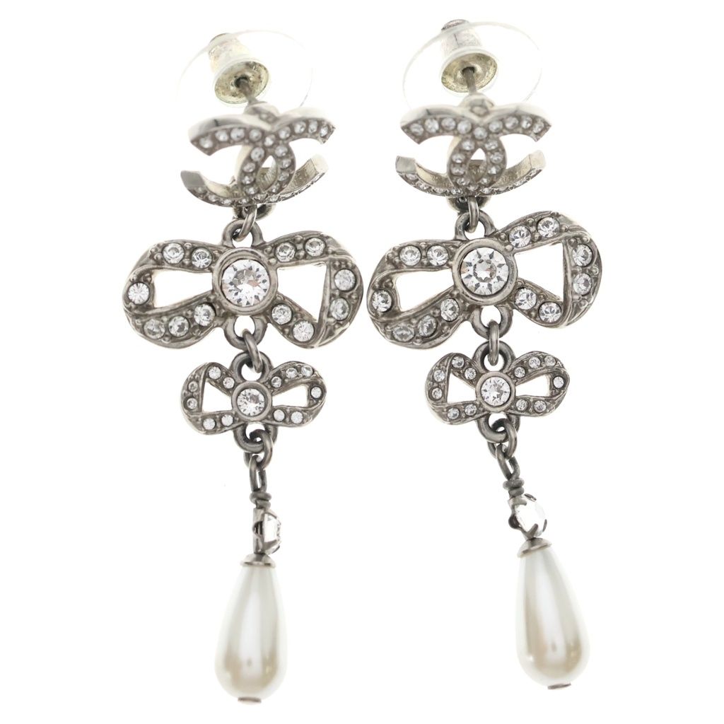 Chanel CC Logo Earrings Ribbon Droppearl Rhinestone Silver