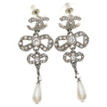 Chanel CC Logo Earrings Ribbon Droppearl Rhinestone Silver
