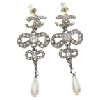Chanel CC Logo Earrings Ribbon Droppearl Rhinestone Silver