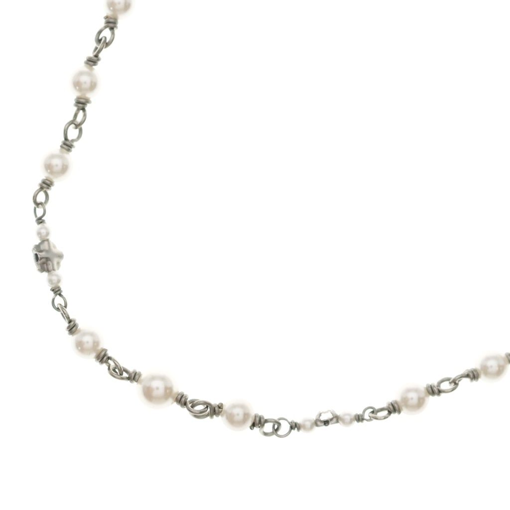 Chanel CC Logo Necklace Pearl Rhinestone Ribbon Silver