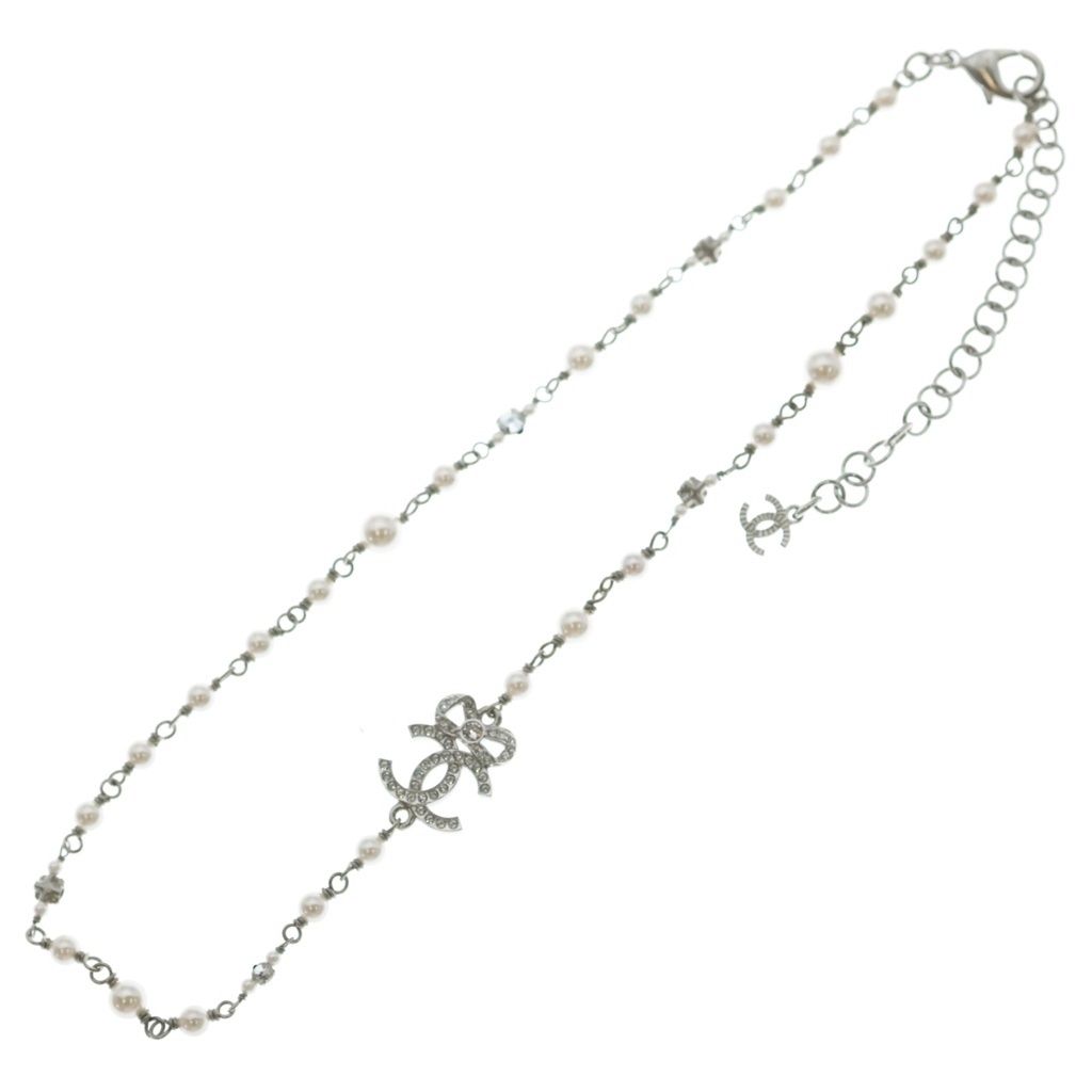 Chanel CC Logo Necklace Pearl Rhinestone Ribbon Silver — view 2