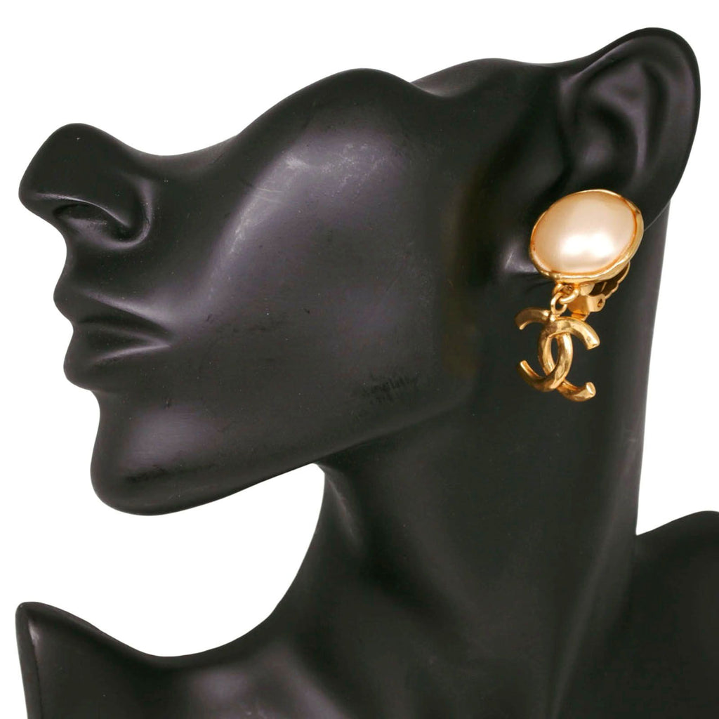 Chanel CC Logo Vintage Gold Plated Faux Pearl Earrings — view 2