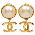 Chanel CC Logo Vintage Gold Plated Faux Pearl Earrings