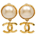 Chanel CC Logo Vintage Gold Plated Faux Pearl Earrings