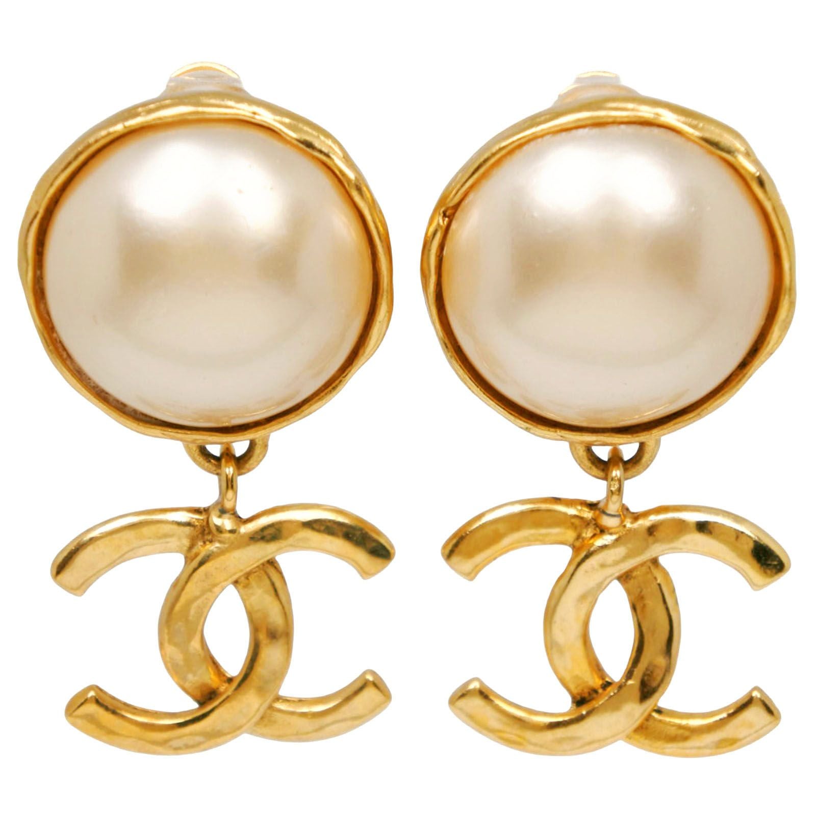 Chanel CC Logo Vintage Gold Plated Faux Pearl Earrings