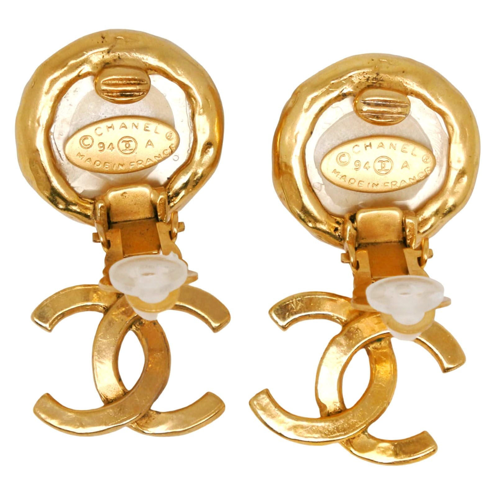 Chanel CC Logo Vintage Gold Plated Faux Pearl Earrings — view 4