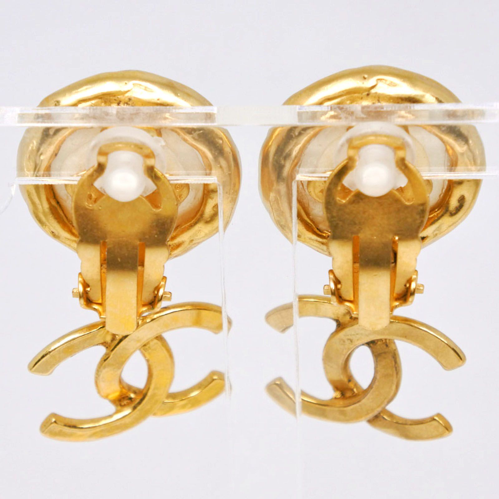 Chanel CC Logo Vintage Gold Plated Faux Pearl Earrings — view 3