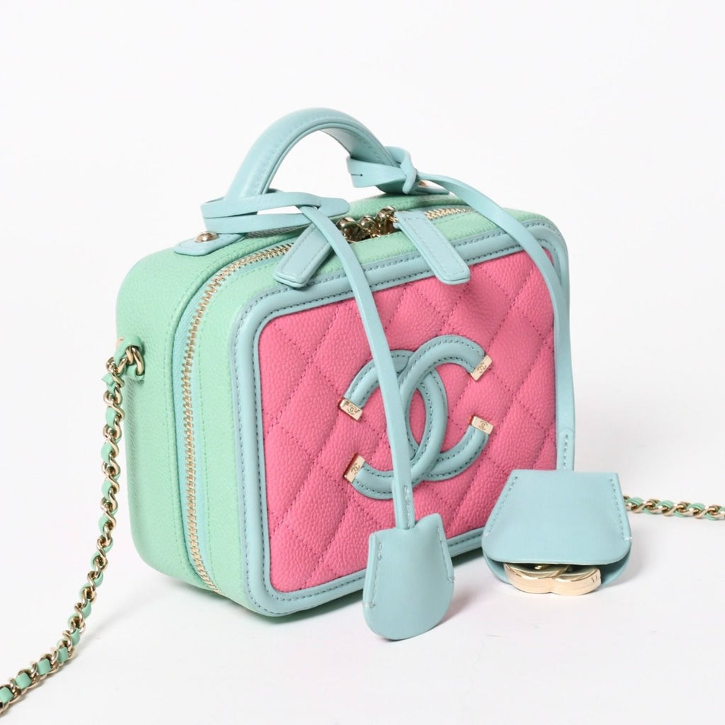 Chanel CC Filigree Vanity Bag CC Logo Caviar Leather Pink Mint Green — view 3