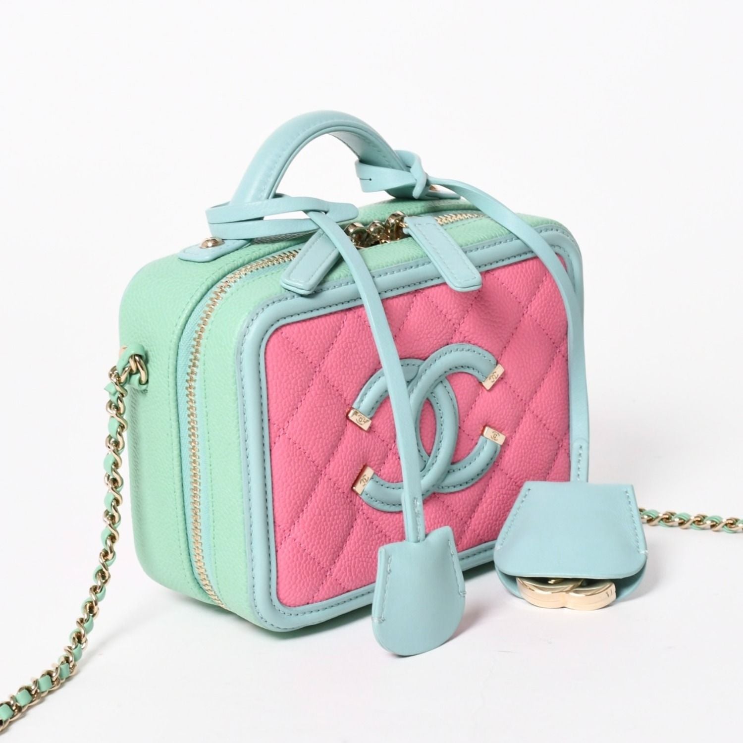 Chanel CC Filigree Vanity Bag CC Logo Caviar Leather Pink Mint Green — view 3