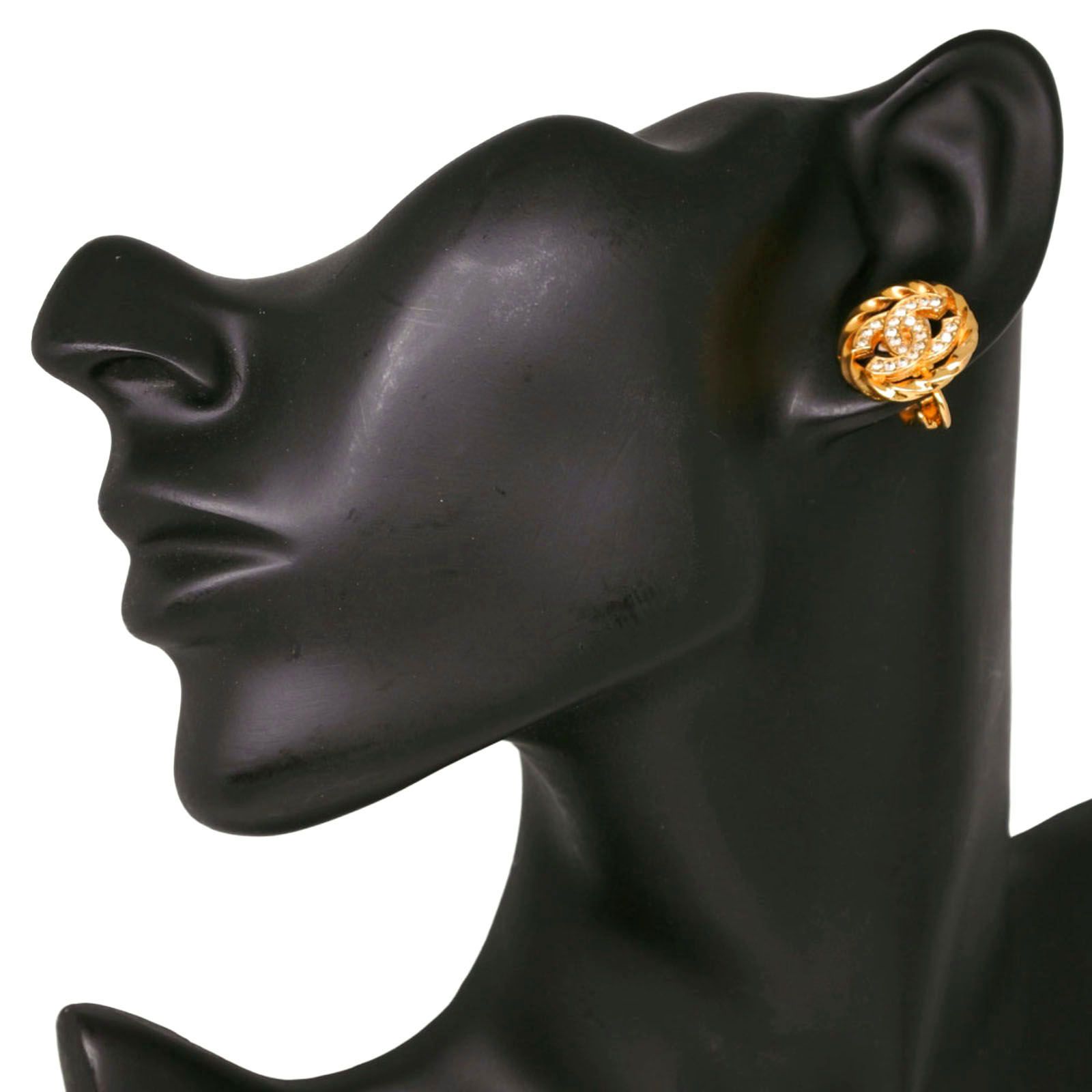 Chanel CC Logo Vintage Gold Plated Rhinestone Earrings — view 2