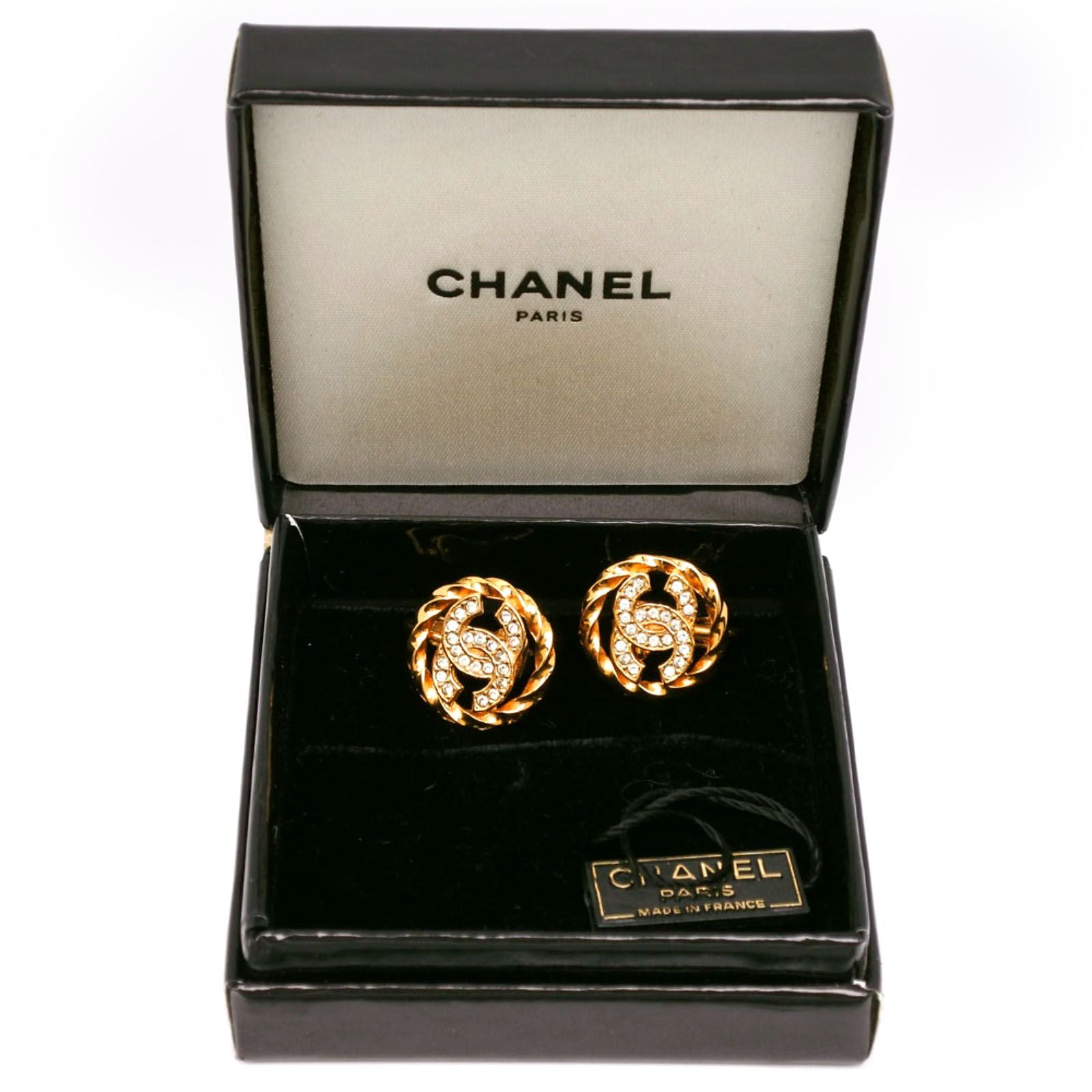 Chanel CC Logo Vintage Gold Plated Rhinestone Earrings — view 5