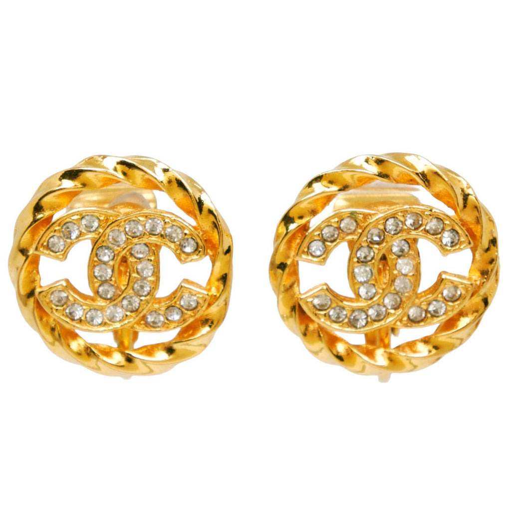 Chanel CC Logo Vintage Gold Plated Rhinestone Earrings