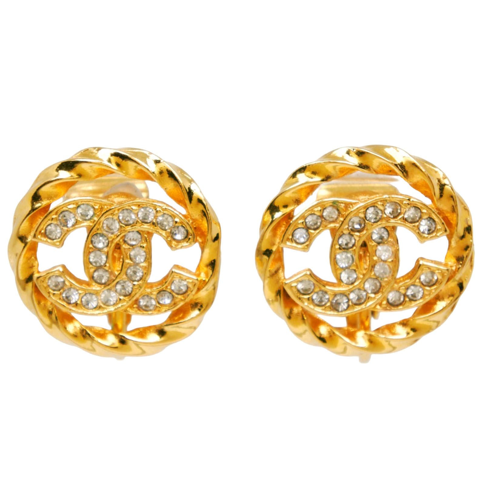 Chanel CC Logo Vintage Gold Plated Rhinestone Earrings