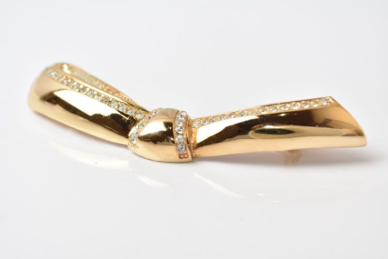 Dior Pin Brooch Vintage Ribbon Motif Gold Rhinestone — view 6