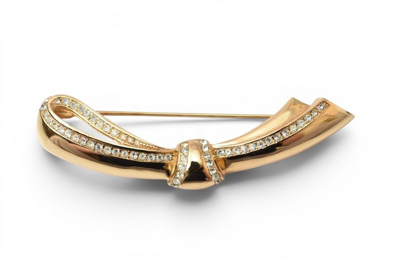Dior Pin Brooch Vintage Ribbon Motif Gold Rhinestone