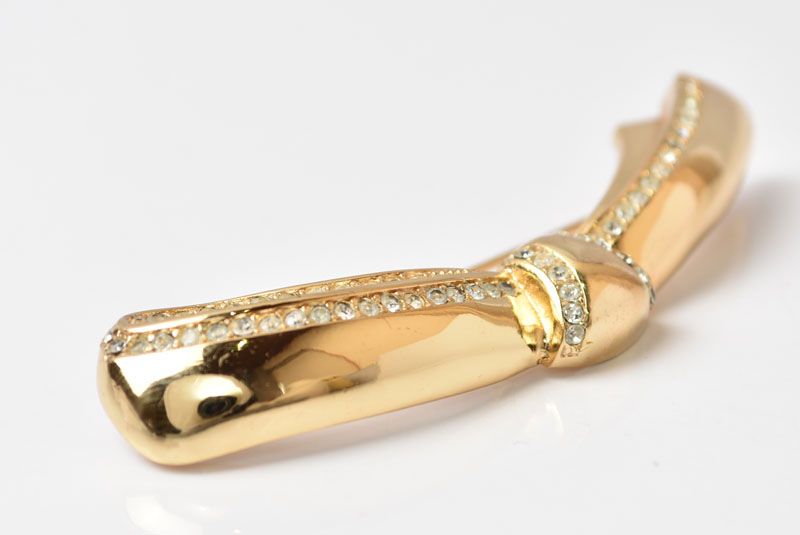 Dior Pin Brooch Vintage Ribbon Motif Gold Rhinestone — view 5