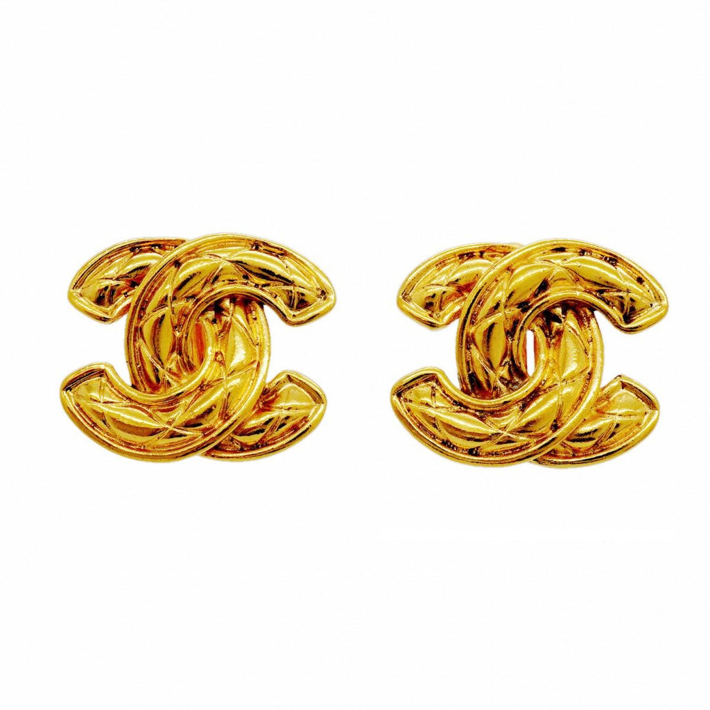 Chanel Earrings Vintage CC Logo Quilted Gold Plated