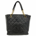 Chanel Tote Quilted Caviar Leather Black Gold