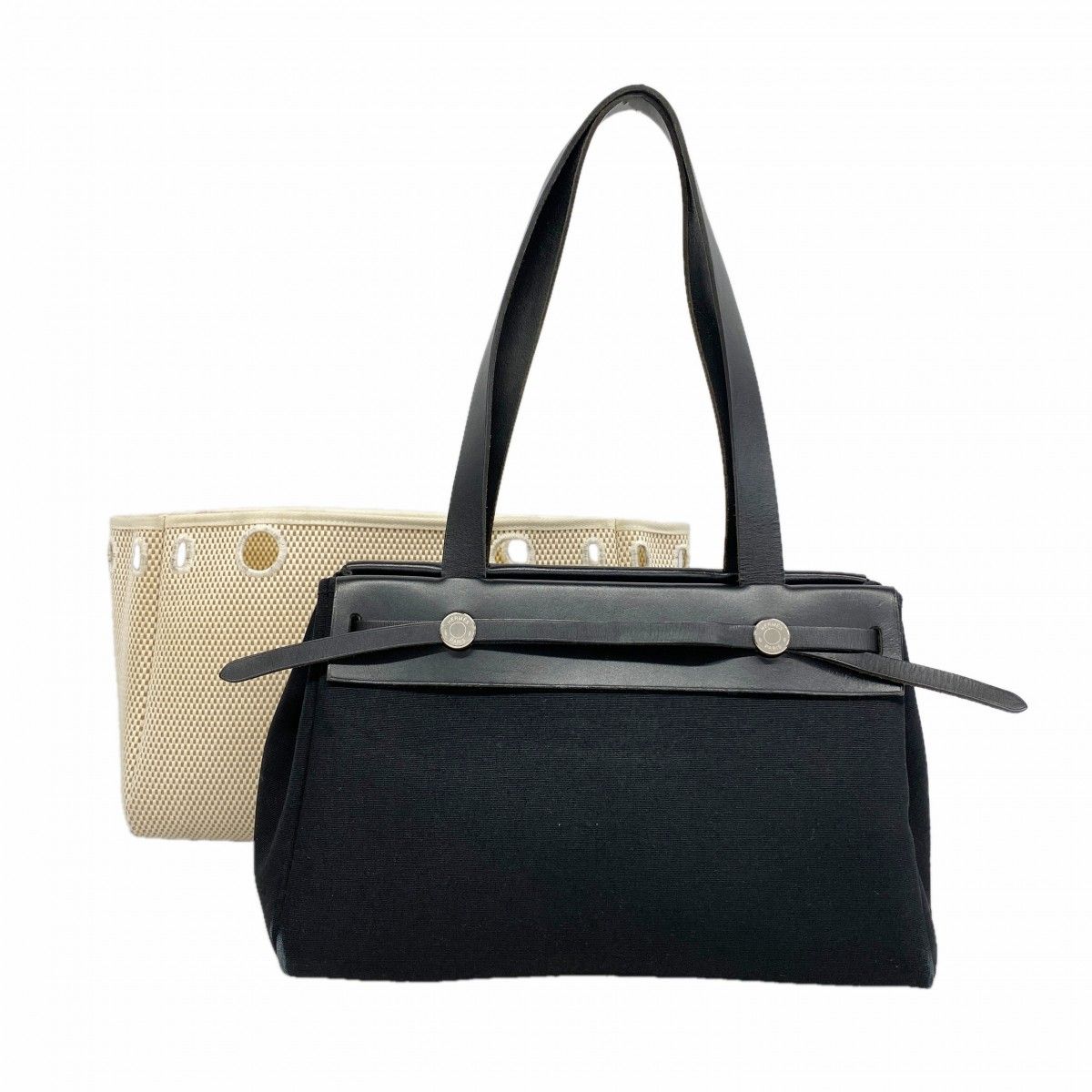 Hermes Tote Herbag Cabas MM Toile Officier Black Silver