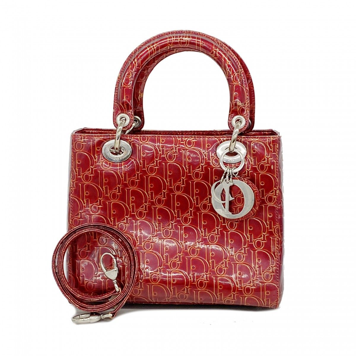 Dior Handbag Trotter Leather Red Silver 2-Way