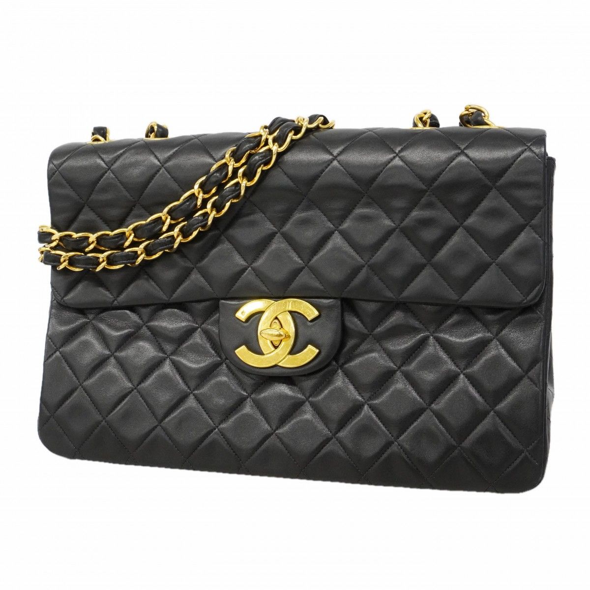 Chanel Shoulder Bag Maxi Quilted Lambskin Black Gold