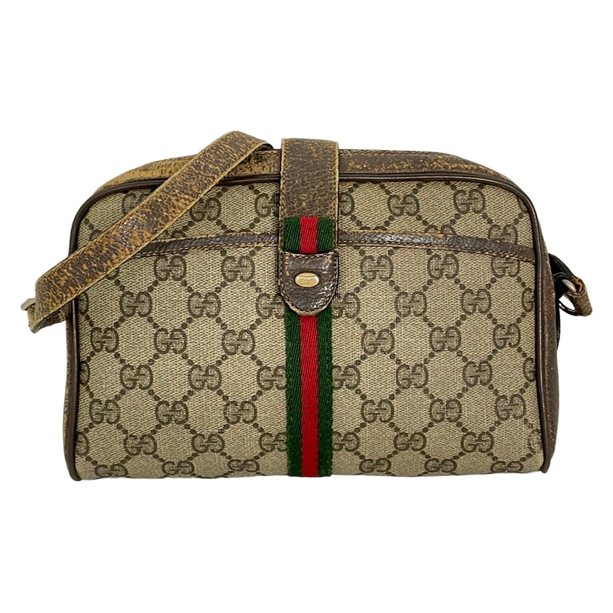 Gucci Shoulder Bag Vintage Beige Dark Brown Leather